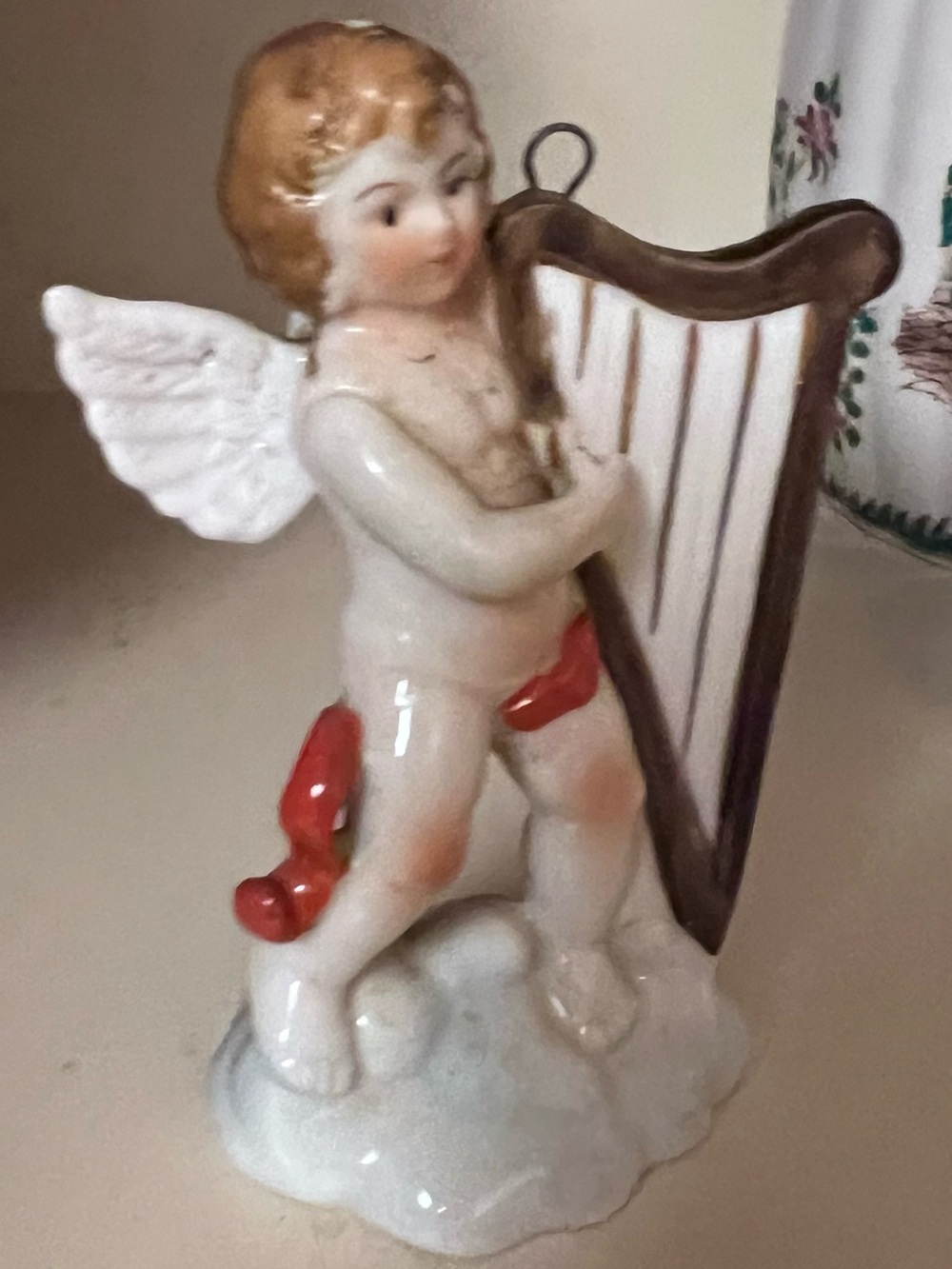 Cherub Angel Harp musician vintage porcelain hand-painted Christmas ornament MCM